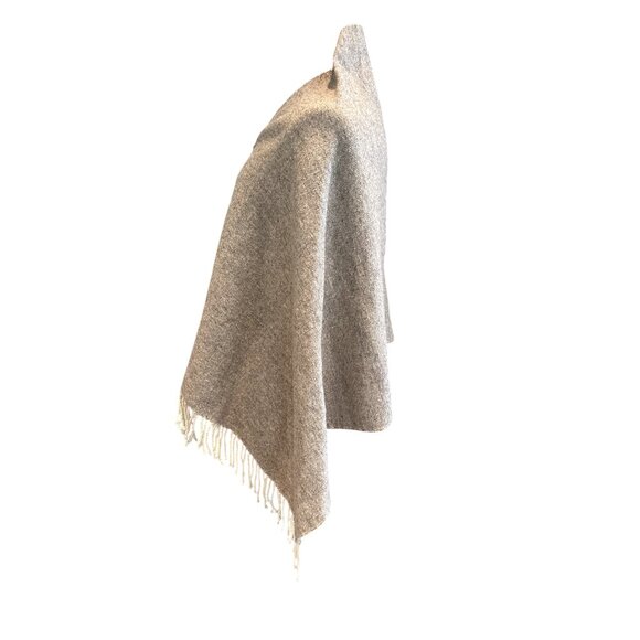 Gray Knit Shawl Wrap with Fringe & Button Closure – Cozy Boho Cape Poncho - Picture 2 of 5